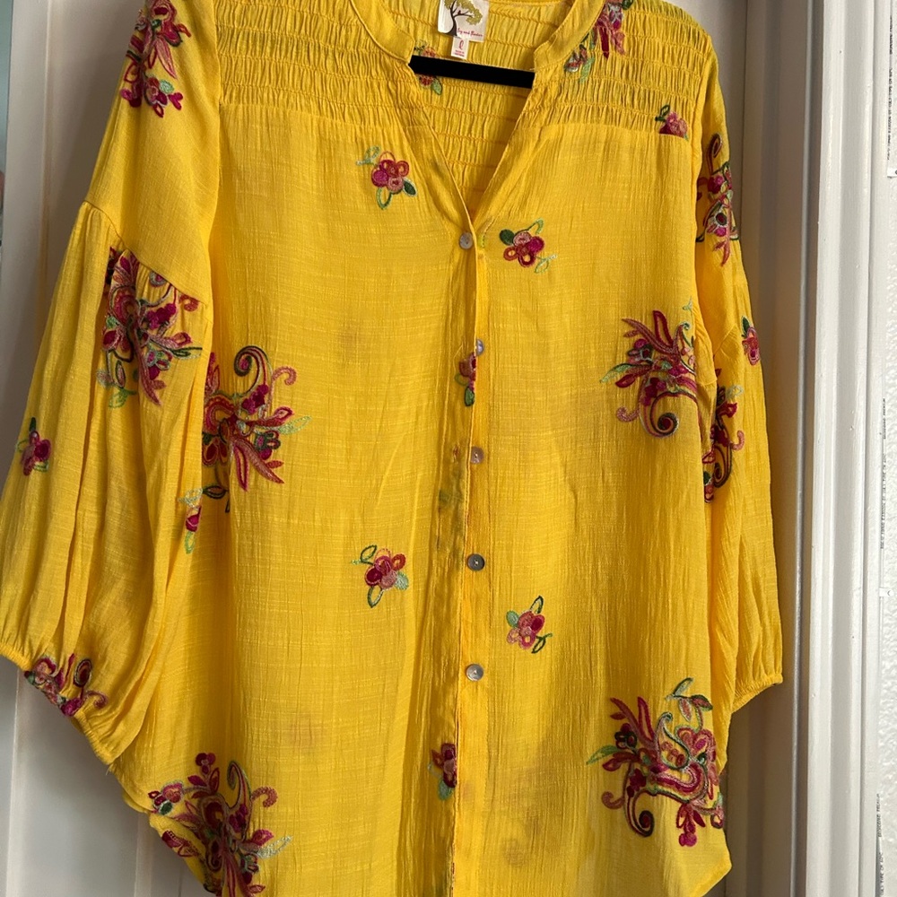 Fig and Flower Yellow Floral Embroidered Blouse